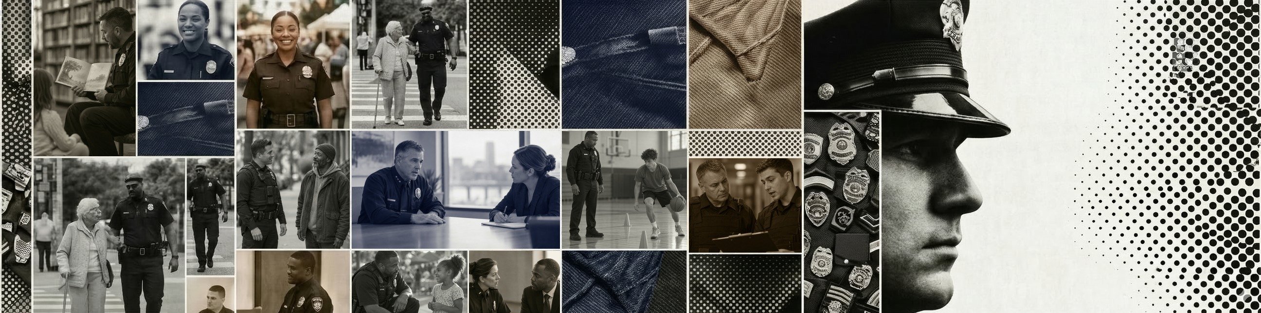 A montage of public-safety scenes: officers on patrol and in the community, training, a command meeting, badges, and a portrait in profile.